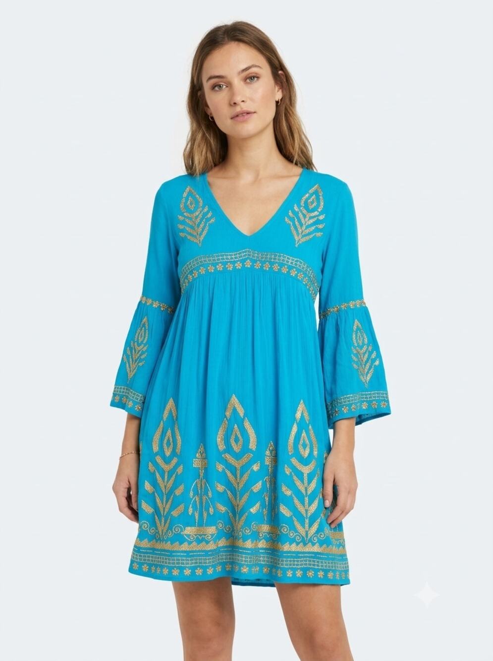Soft Surroundings Zaneta Tunic Dress Women's M Turquoise Blue Gold Embroidered